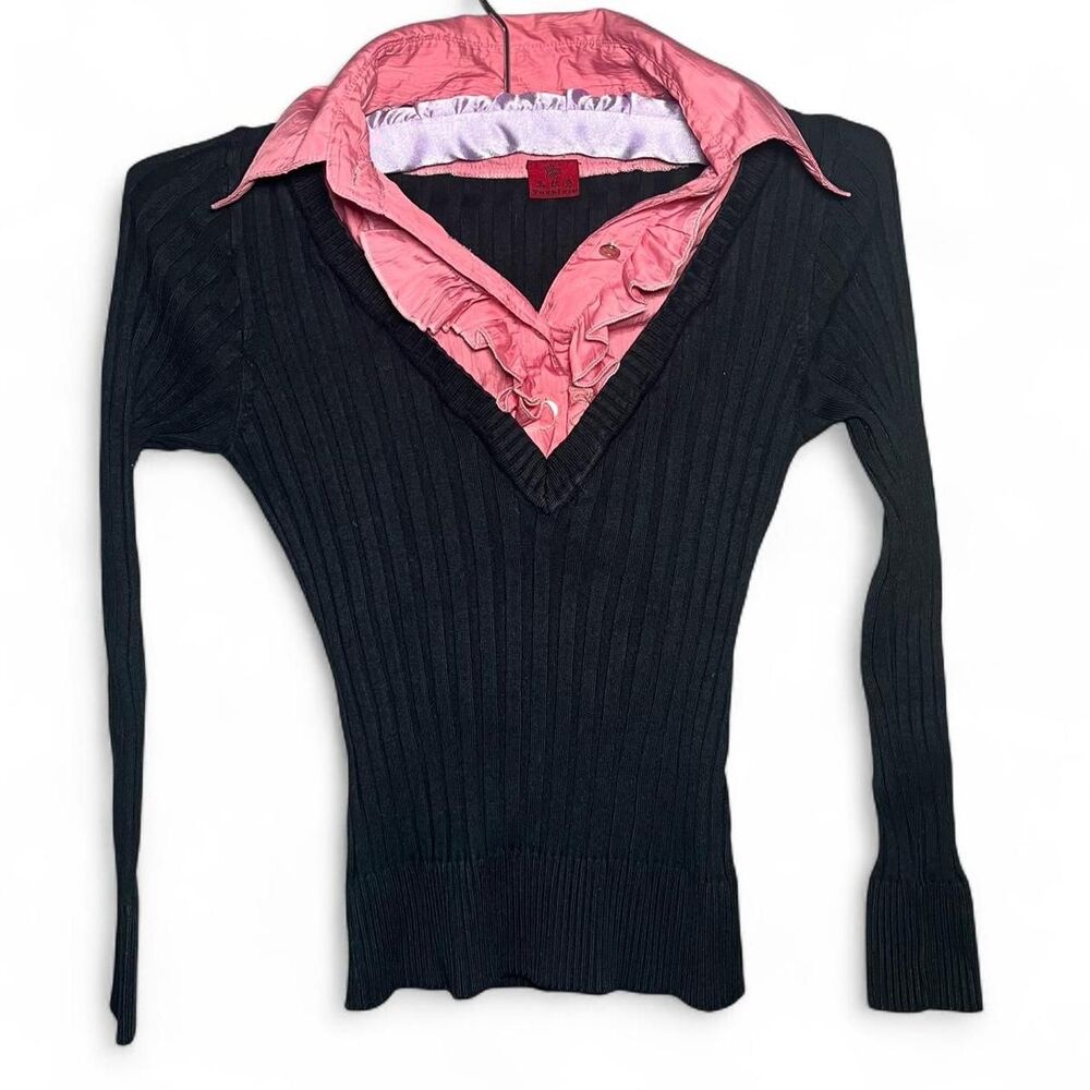Black Pink Y2K Style Ribbed Top 1/4 Button Preppy Fitted Long Sleeve XS / S